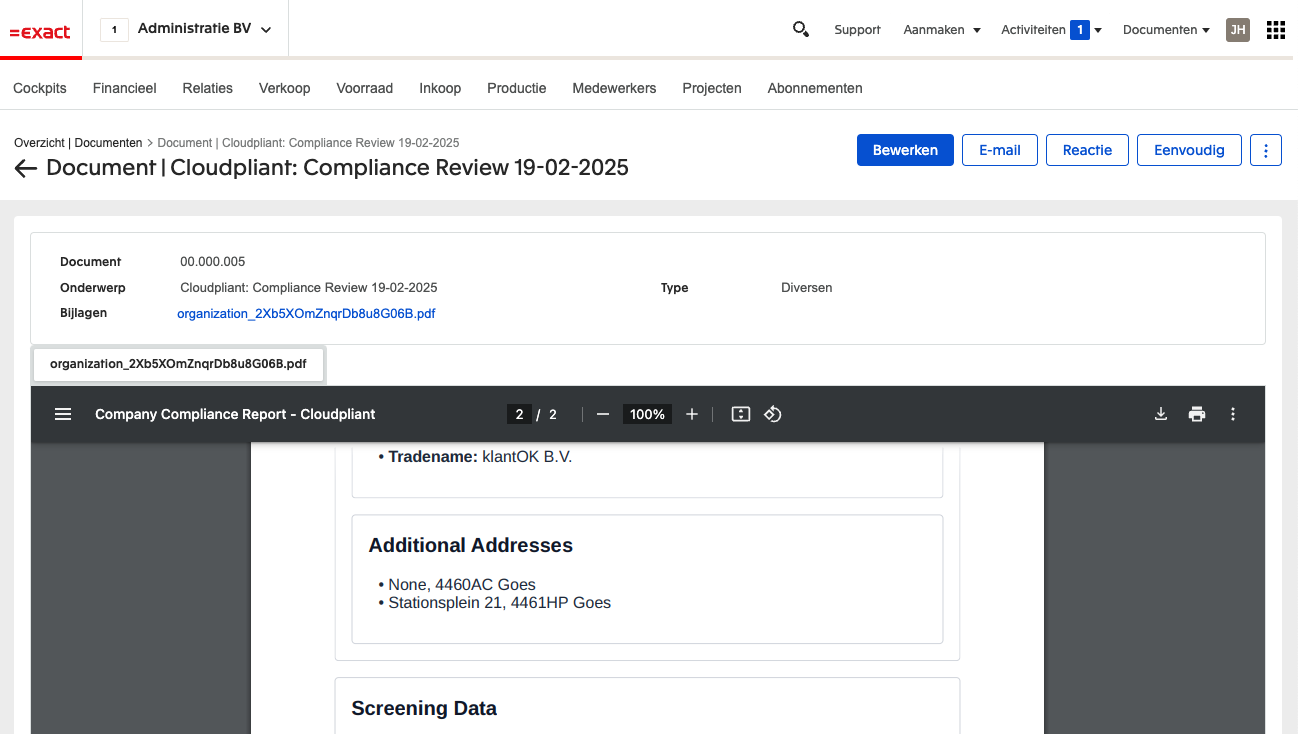 Compliancerapport als document in Exact Online